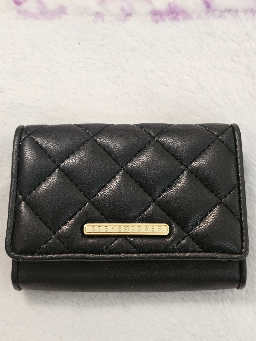 Steve Madden Black Quilted Leather Compact Wallet with Gold Plaque